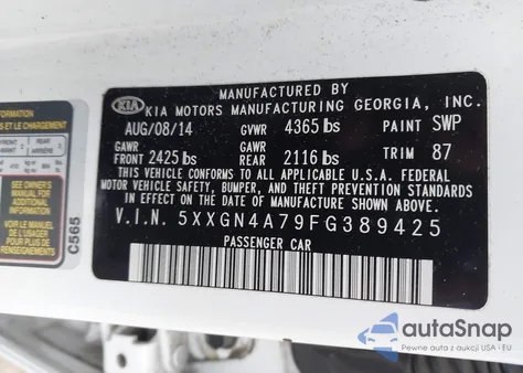 2015 Kia Optima Ex из США, поврежденный, VIN 5XXGN4A79FG389425